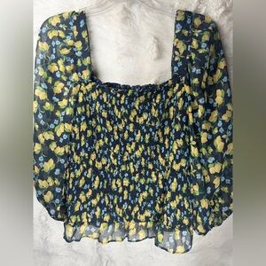 Smocked Square-Neck Floral Top - Yellow/Blue on Black
